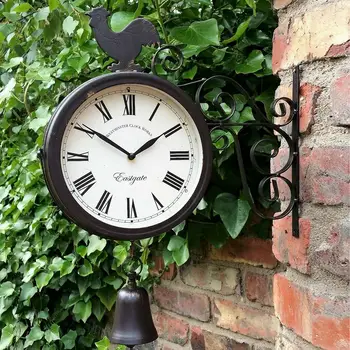 

Outdoor Wrought Iron Garden Clock Innovative Fashion Double-Sided Wall Metal Clock Wall Clock Hanging with Cockerel Bell Shape