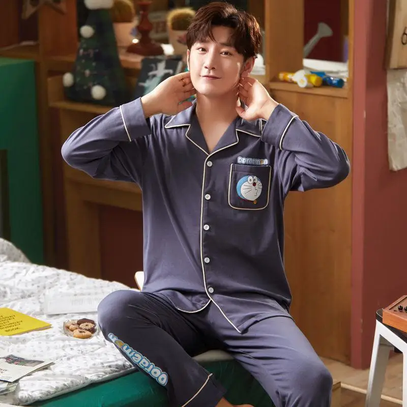 Casual Men Cartoon Sleepwear Long Sleeve Cotton Pajamas Sleep Set Plus SIze 3XL Homewear Spring New Male Pyjamas Pijamas Suit men's silk pajamas Men's Sleep & Lounge