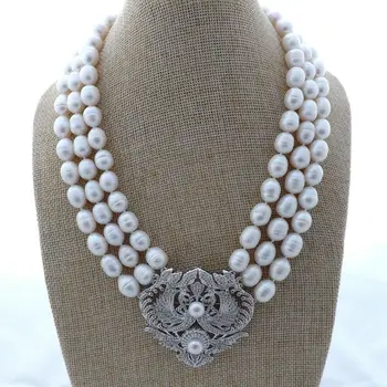 

18'' 3 Strands White Rice 9x12mm Pearl Necklace CZ Pendant