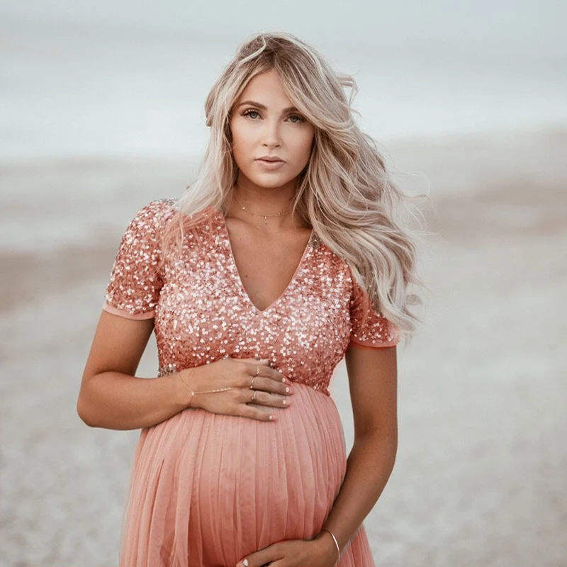Cotton Sequins Tulle Ball Gown Maternity Dresses For Photo Shoot Long Photography Props Pregnant Women |