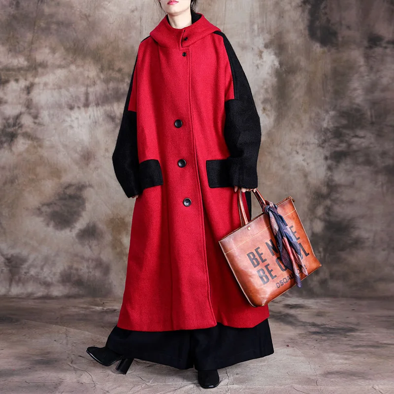 Black and red Женские шерстяные пальто с капюшоном, пэтчворк, черные и красные пуговицы, зима, новинка размера плюс, женские теплые шерстяные пальто - Цвет: Black and red