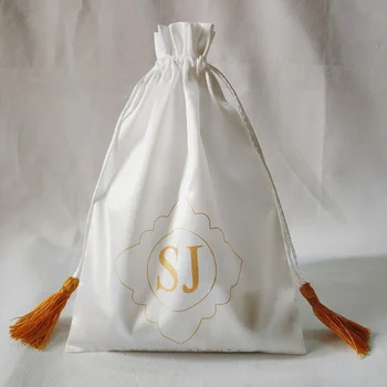 

Luxury Jewelry Satin Bag Tassel Silk Drawstring Bags for Hair Makeup/Cosmetic/ Gift Box Packaging Pouches Custom Print Logo