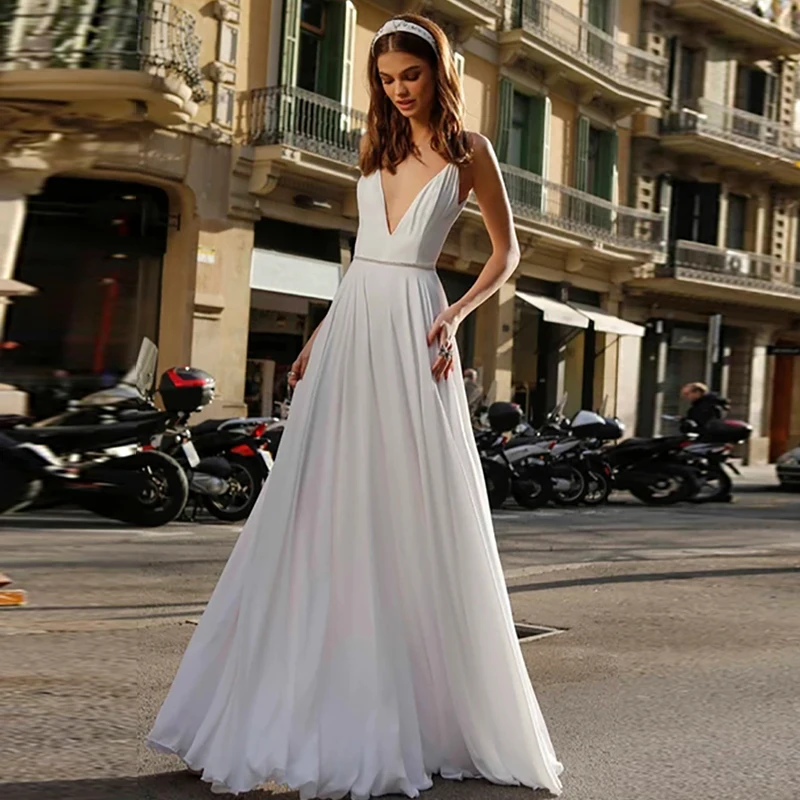 

Verngo Beach Wedding Dress Boho White Chiffon Elegant Wedding Gowns Backless Simple Bride Dress Robe De Mariee