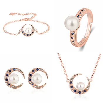 

GU31 Woman fashion retro metal curved moon necklace bracelet ring set simple short clavicle chain female