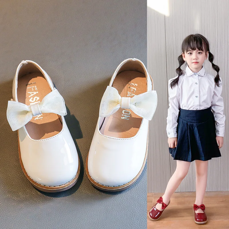 Autumn New Little Girls Shoes Children Bowknot Soft-soled Princess Shoes Kids Sweet Patent Leather Shoes Black Beige Wine Red