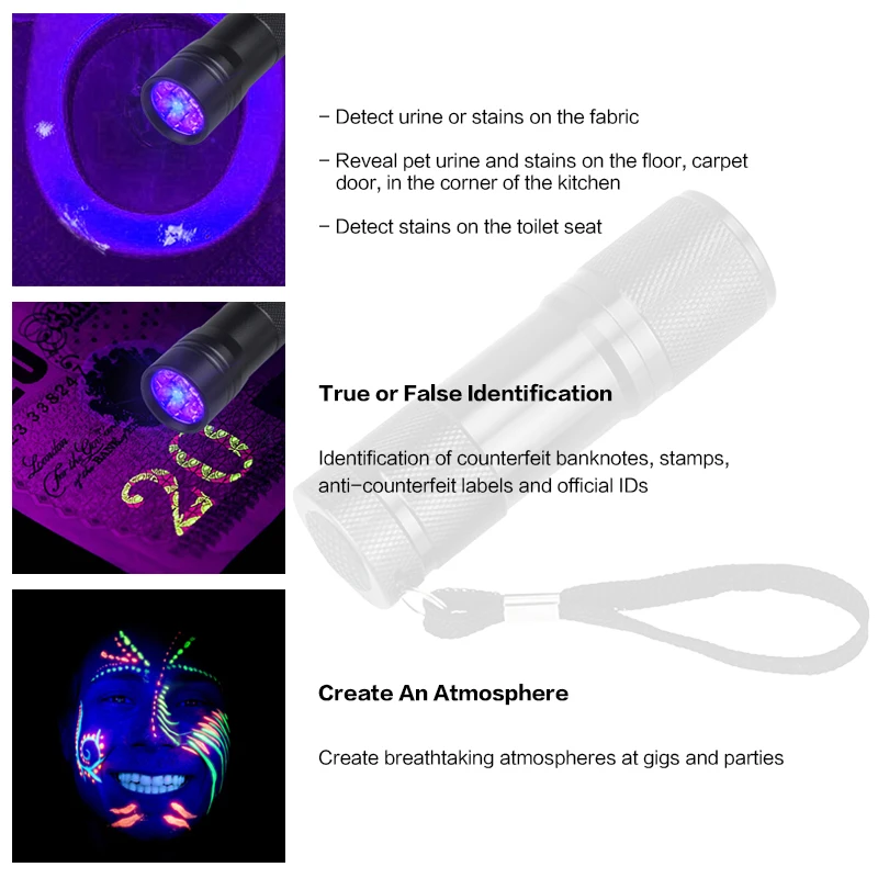 Светодиодный УФ фонарик светильник 395nm 9 светодиодный sPortable мини небольшой фонарь обнаружения светильник Ультрафиолетовый фонарь черный