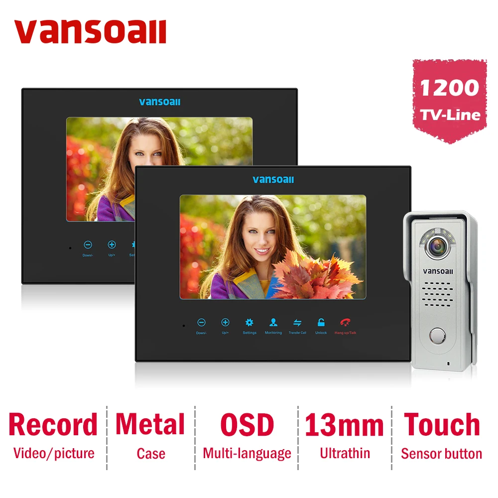 

VANSOALL video intercom 7inch lcd video door bell camera sd card Hands-free Two to One unlock remote video door phone