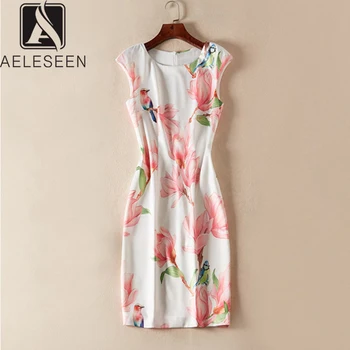 

AELESEEN 2019 New Autumn Sleeveless Above Knee Pink Lotus Dresses Women Casual Wearing Holiday Beach Sweet Mini Print Dress