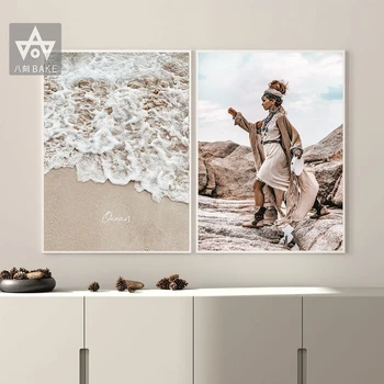 

Wild Boho Woman Grass Reeds Poster Nordic Canvas Wall Art Print Ocean Landscape Painting Decorative Picture Scandinavian Decor