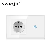 

Szaoju Touch Sensor Switch With Socket Crystal Glass Panel AC110~250V 16A 146*86mm Wall Socket With Light Switch 1/2/3Gang 1Way