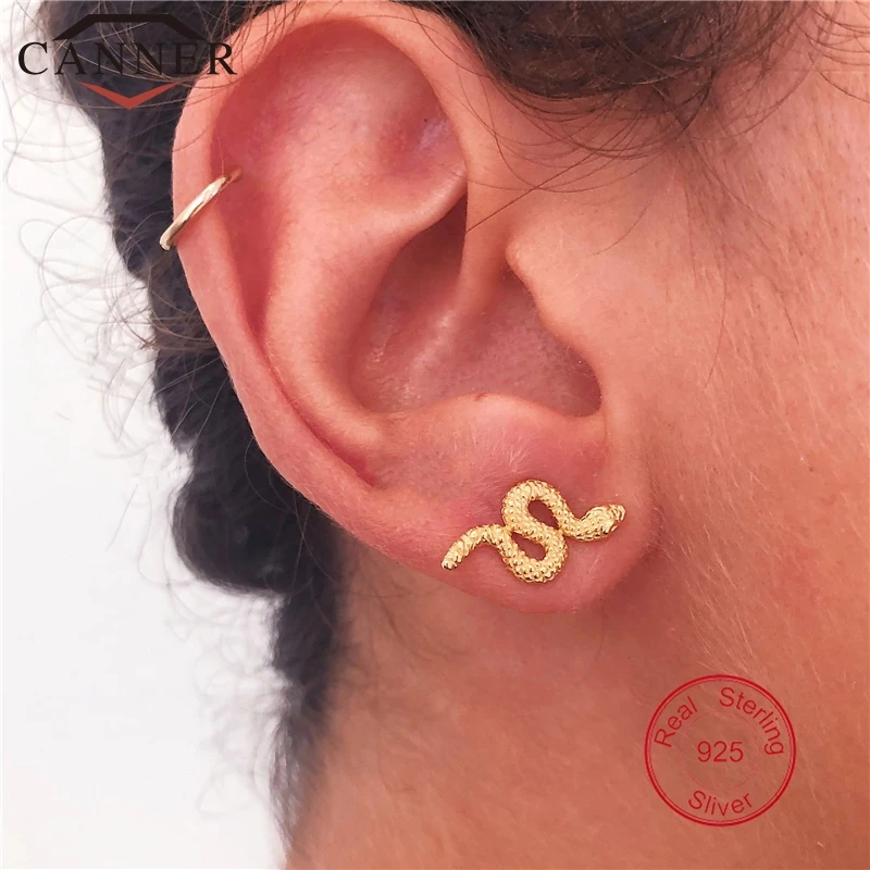 Pendientes Punk de Plata de Ley 925 para mujer, pendientes con forma de serpiente, tachuelas simples de color dorado plateado, joyería minimalista
