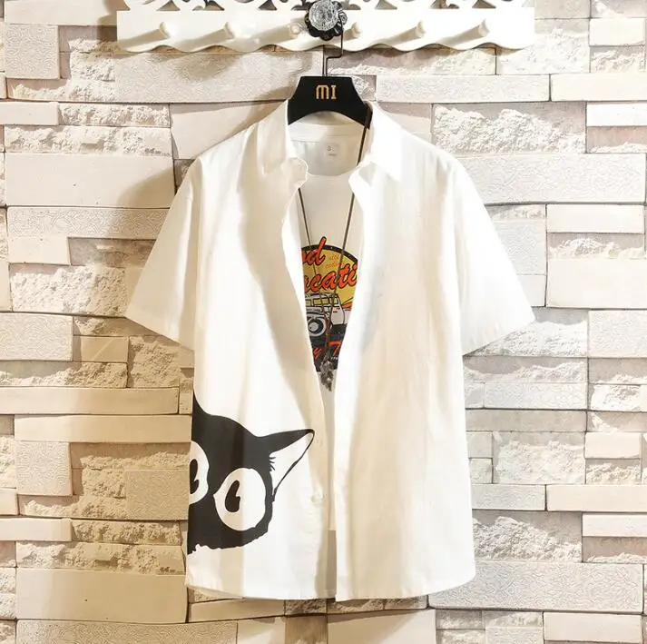 Half Sleeve White KUANGNAN кошка печать белая рубашка мужская мода мужские рубашки с длинным рукавом мужские повседневные тонкие рубашки Fit 5XL уличная Осень новинка - Цвет: Half Sleeve White