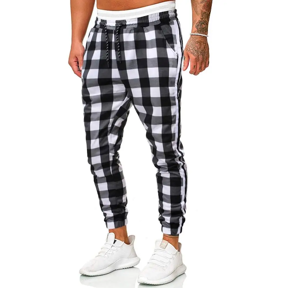 Men's Pants Long Casual Sport Pants Slim Fit Plaid Trousers Running Joggers Sweatpants Outdoor Male Straight Ankle-Length Pant - Цвет: D