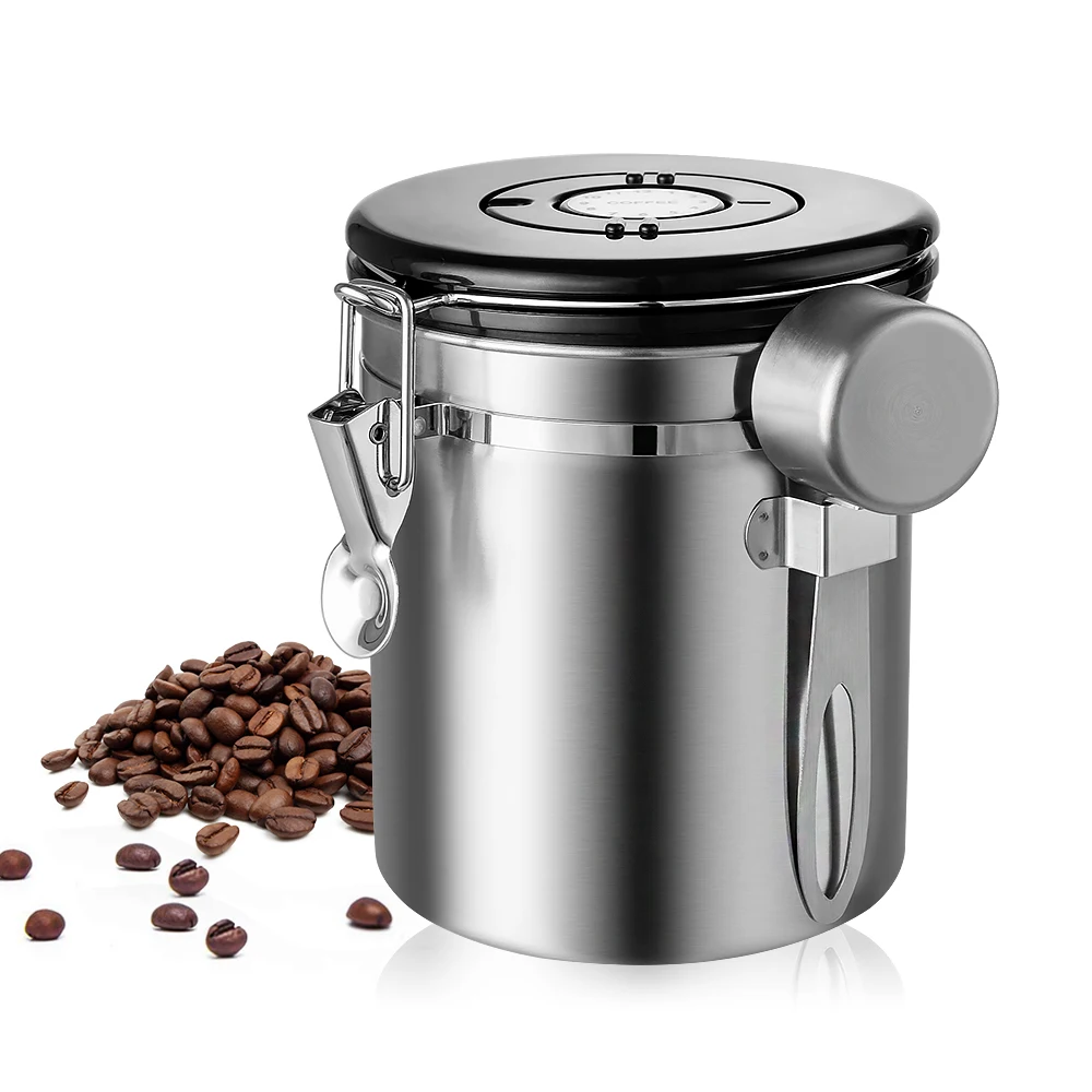 Billige 1.5L Kaffee Kanister Mit Scoop Luftdichten Kaffee Behälter Edelstahl Lagerung Kanister Set Für Kaffee Bohnen Tee