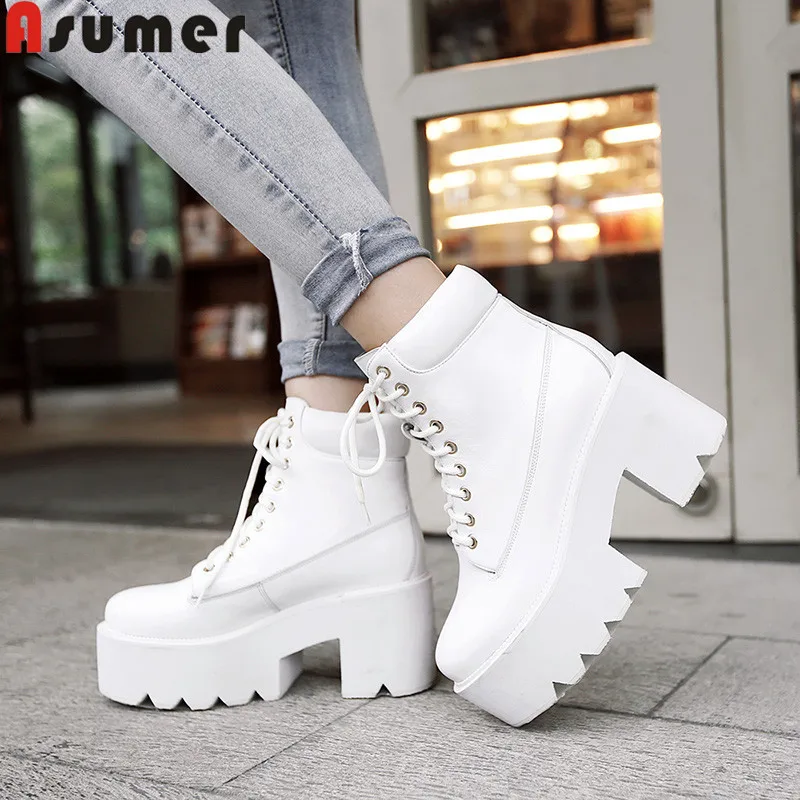 Asumer size 34 40 genuine leather boots round toe lace up ladies ankle ...