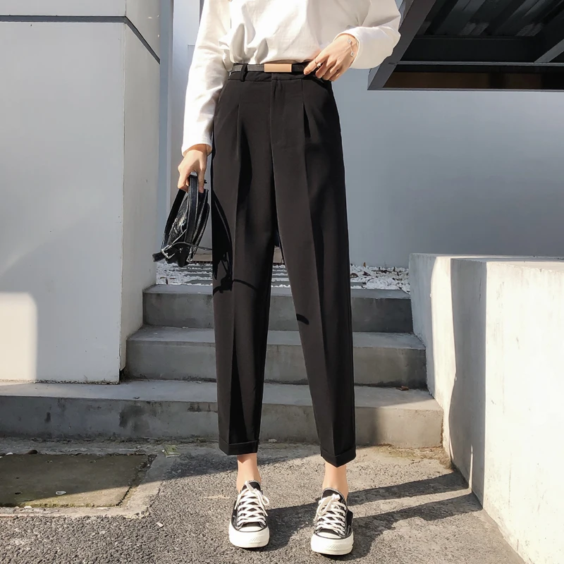 Elegant Ol Pants Women Solid Harem Straight Pants Mujer Black High Waist Trousers Vintage Spring Autumn Office Wear Pants