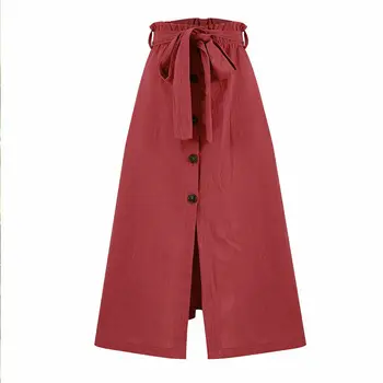 

Women Buttons Split Wrap Skirt Ruffles Belt Waist Slim Autumn Casual Solid Elegant Party Skirts Cotton Linen Midi Skirt Wine red
