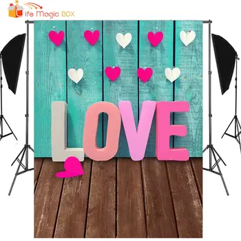 

LIFE MAGIC BOX Background Photography Backdrops Valentine's Day Blue Wood Heart Banner for Photographing 1st Birthday Backdrops