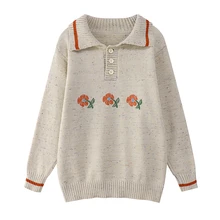 

Retro Three-flower Print Knit Sweater Women Fall Winter New Pullover Loose Simple Striped Long-sleeved Color Dot Knitwear Female