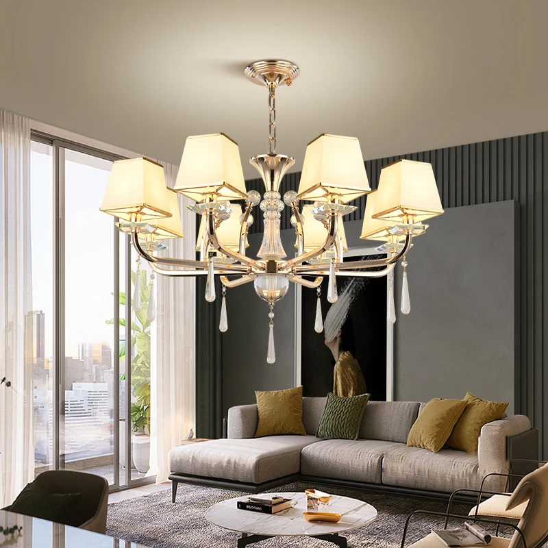 

LED Ceiling Chandelier Lighting Golden Lamp Luxury Crystal for Living room Bedroom 220v Fabric lampshade Hanging Lamp