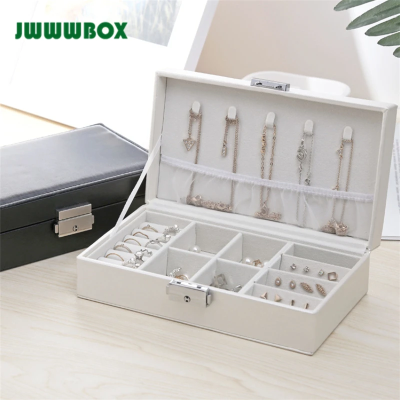 

JWWWBOX PU Leather Women Jewelry Box Black White Color High Capacity Necklaces Earrings Rings Jewelry Packaging Display Box Case