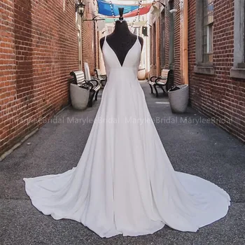 

Simple White Ivory Wedding Dresses Sexy Deep V-neck Appliques Plus Size Backless Bridal Gowns Spaghetti Straps Vestidos De Noiva