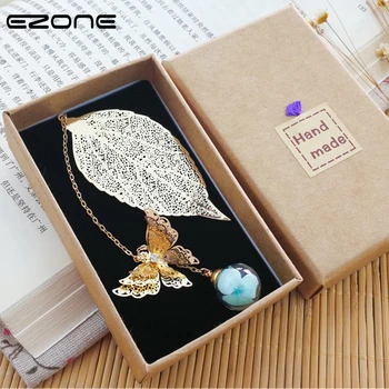 

EZONE 1PC Creative Metal Leaves Butterfly Immortal Bookmark Vintage Style Bookmarks With Crystal Ball Pendant Gift Box Packing
