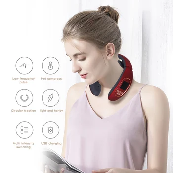 

Electromagnetic Neck Pulse Massager Portable USB Rechargeable Cervical Massage Device English Voice 4 Modes Light Fashion
