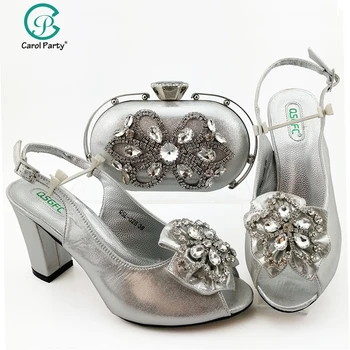 

2020 Silver Color Italian Design Shoes and Bags To Match Set African Women Wedding Shoes and Bags Sets with Crystal