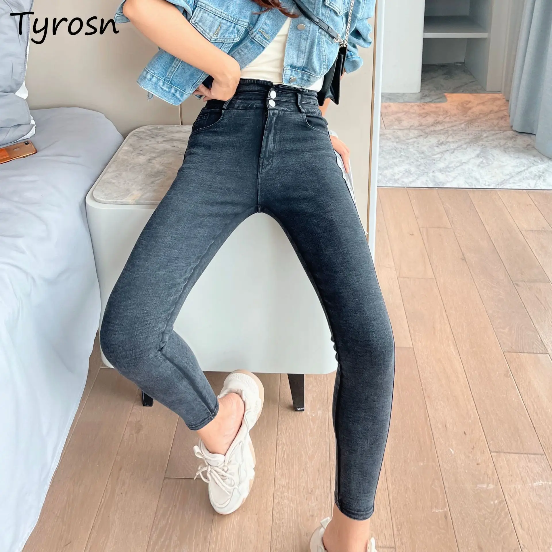

Jeans Women Retro Design Sexy Skinny Denim Trousers Stretchy Gray Zipper Fly Vintage Streetwear Pencil Jean High Waist Female