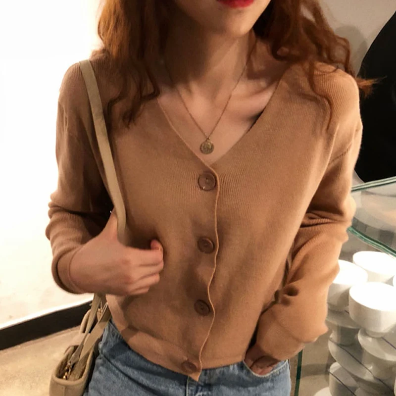 Autumn New Fashion Knitted Women Sweater Loose Long Sleeve V-neck Cardigans Button Solid Women Top Women Clothing 5301 50