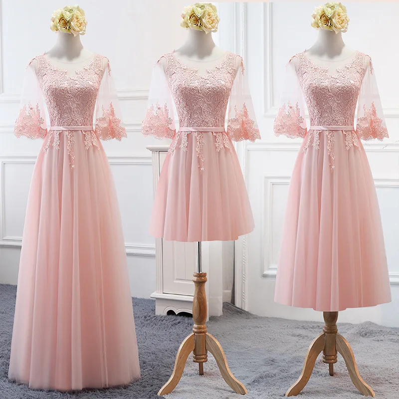 

Sheer Neck Pink Dresses for Weddings Woman Guest A-Line Lace Bridesmaid Gowns Half Sleeve vestidos de fiesta para bodas