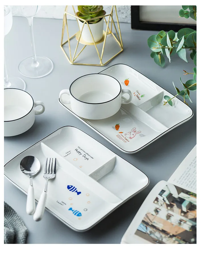Students Eating Three-lattice Plate Children fen ge pan One Person Food Breakfast Tableware Restaurant Canteen Snack Plate Ceram