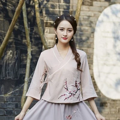 SHENG COCO, Женские кимоно, топы, блузка Hanfu, бежевая рубашка, осень, новинка, для девушек, Хан, костюмы, вышивка, цветы, художественная кофточка Ципао - Цвет: Pink tosp