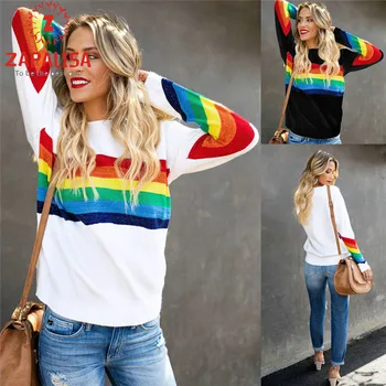 

Zapalisa Black White Sexy Slim Streetwear O Neck Long Sleeve Winter Women Pullover Tops Rainbow Stripe Print Fashion T-shirts