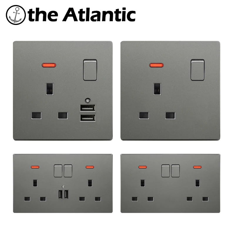 13A UK Standard Power Socket Dual USB Charger Ports 2.1A LED Indicator Single Double Wall Outlet 3 Pin Silver Grey Plastic Malta