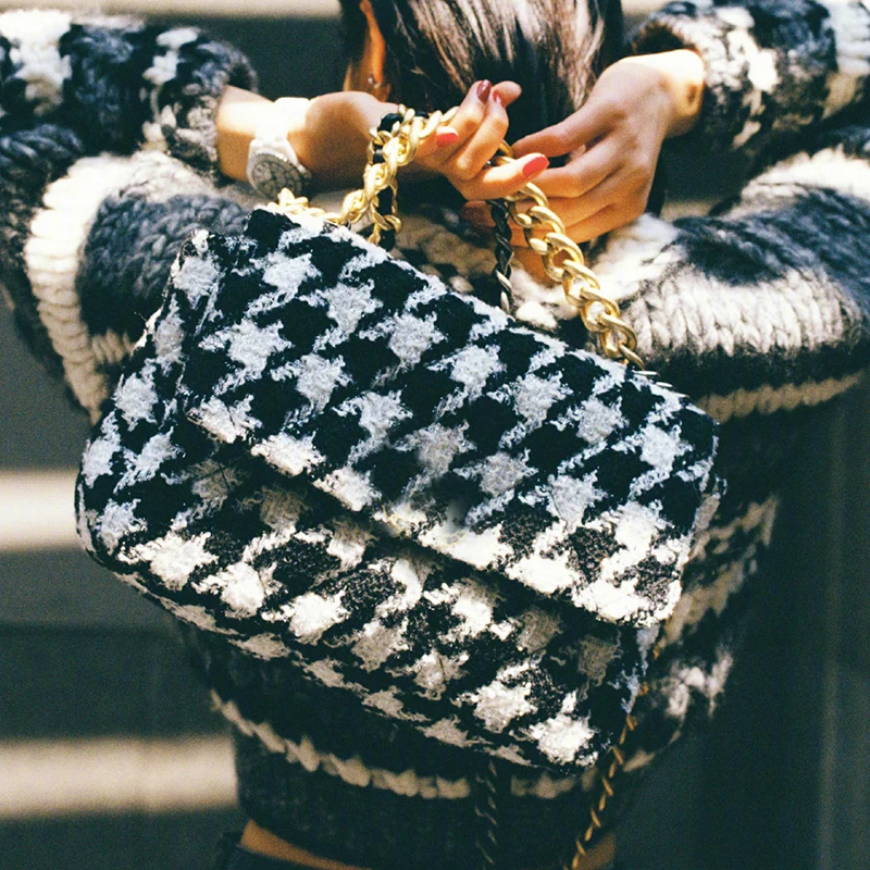 Новинка, зимняя клетчатая ретро женская квадратная сумка, качественная шерстяная женская дизайнерская сумка, женская сумка на цепочке, сумка через плечо