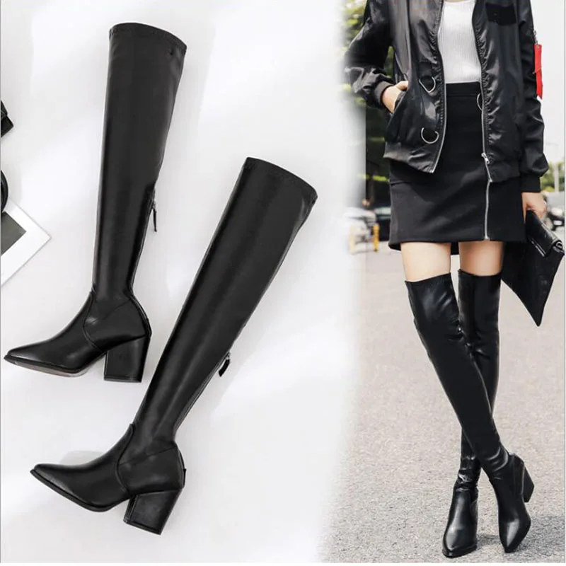 

2019 Fashion Punk Winter boots Women Suede Leather Knight Boots Women Coarse Heel Cashmere Black Thigh High Boots