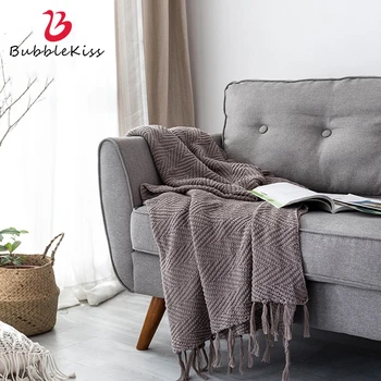 

Bubble Kiss Pure Cotton Knitted Blanket Simple Z-Pattern Office Decor Thread Blanket Tassel Design Fashion Photo Prop Blanket