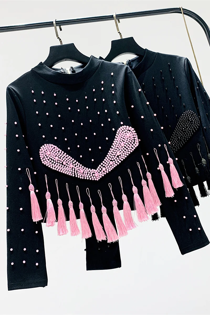 Autumn Winter Black T-shirt Women High Collar Pink Beadded Tassel Short T Shirts Long Sleeve Blusa Shirt Ladies Slim Top