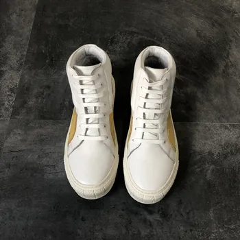 

Genuine Leather High Korean Top Male Casual Sneakers Fashion Mixed Colors Lace Up Round Toe Thick Bottom Platform Shoes