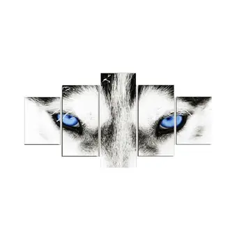 

5 Panels Modern Husky Art Black and White Dog with Blue Eyes Picture