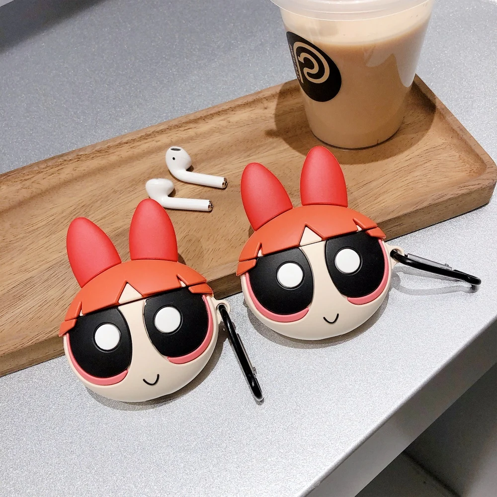 3D мультфильм Powerpuff девушки наушники силиконовый чехол для AirPods 1 2 Bluetooth гарнитура зарядная коробка защитный чехол с крюком