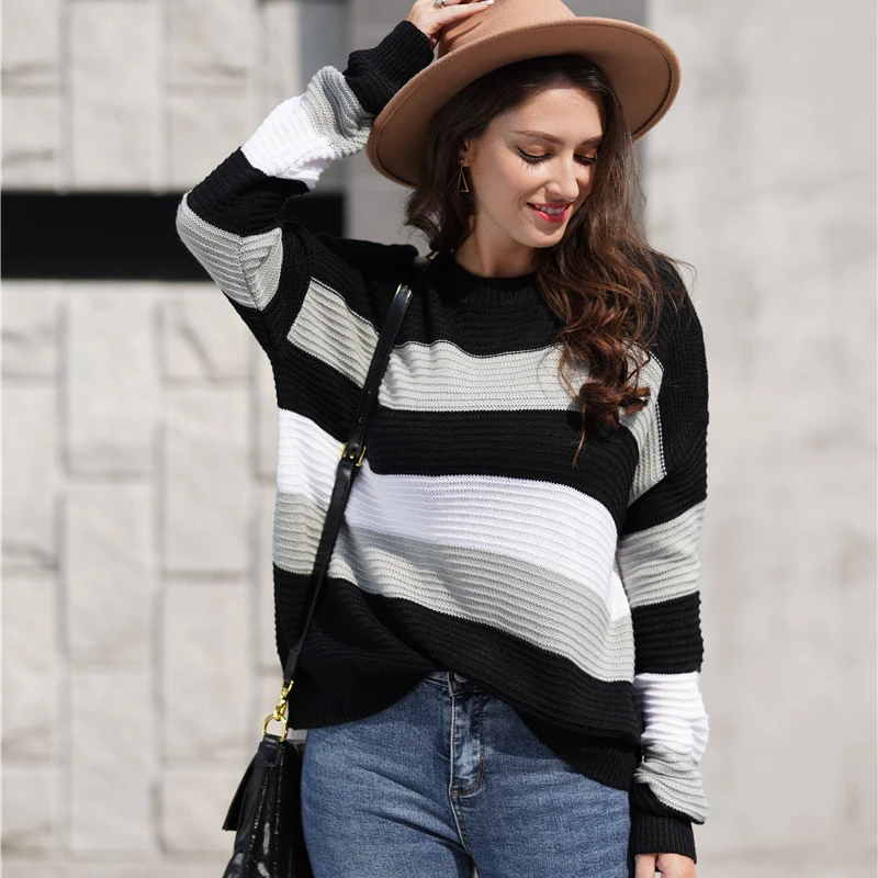 womens sweaters 2019 winter women's clothing striped knit sweater girls OL oversize loose pullover sweater woman sueter mujer