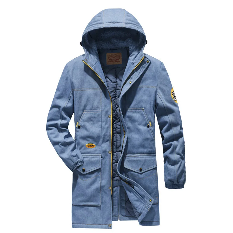 ABOORUN Men's Winter Denim Jacket Thicken Warm Hooded Long Windbreaker Coat Blue Casual Jeans Parkas for Male R3265 - Цвет: Небесно-голубой