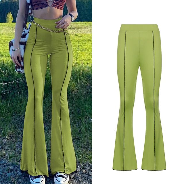 CIBBAR Solid Low Waist Ribbed Flare Pants Women Summer Slim Elegant Casual Elastic Trousers Female Fashion All-Match Streetwear Green