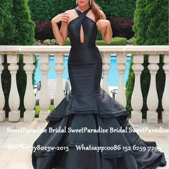 

Black Tired Mermaid Evening Dress 2020 Sexy Backless Keyhole Neck Long Sweep Train Formal Prom Dresses Robe De Soiree