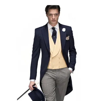 

Navy Bule Swallow-Tailed Coat Jacket Men Suits 3Pieces Fashion Formal Handsome Terno Masculino Latest Style High Quality SlimFit