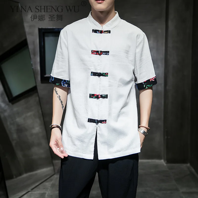 

Japanese Vintage Casual New Shirt Men Stand Short Sleeve Tops Kimono Printed Patchwork Summer Chinese Style Shirt Men Streetwear