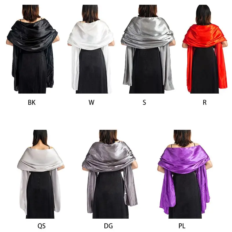 

170x45cm Womens Satin Silky Scarf Wraps Glitter Solid Color Bridal Wedding Party Evening Gown Shawl Cape Vintage Beach Cover Up